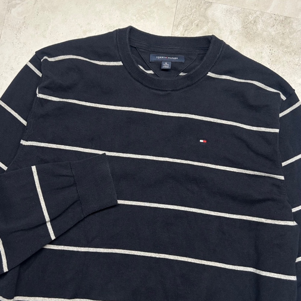 Tommy Hilfiger Sweater Navy Blue Mens XL Striped Crewneck Knit Logo Pullover